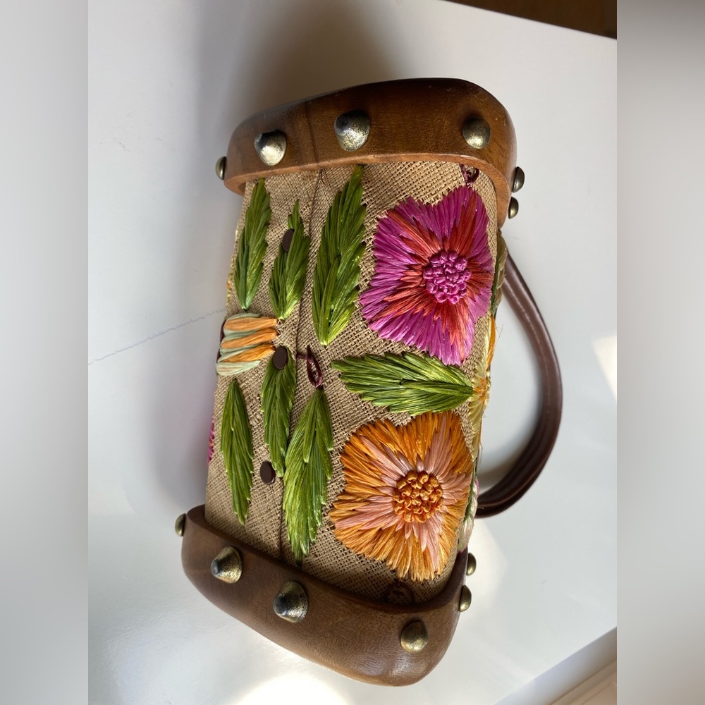 SOLD - Vintage Boho Raffia Woven Straw Floral Wooden Box Bag Purse Cabana - Picture 5 of 13